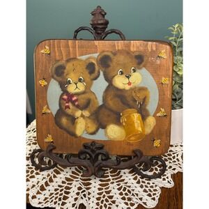Vintage Teddy Bear Art Plaque Honey Bees Honeycomb Wood Wall Decor Signed